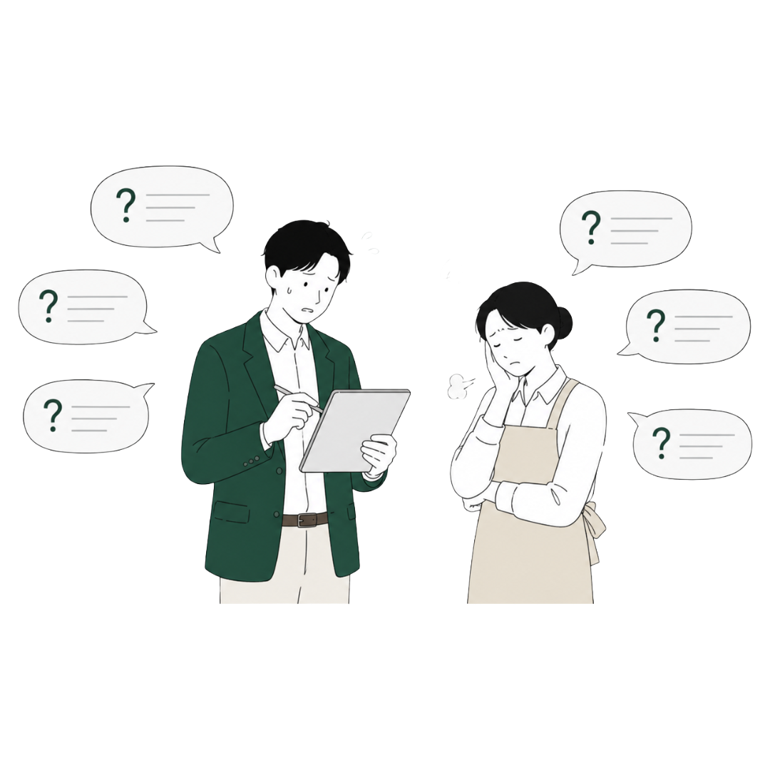 同じような質問が繰り返し届いて対応に追われる宿の現場のイラスト