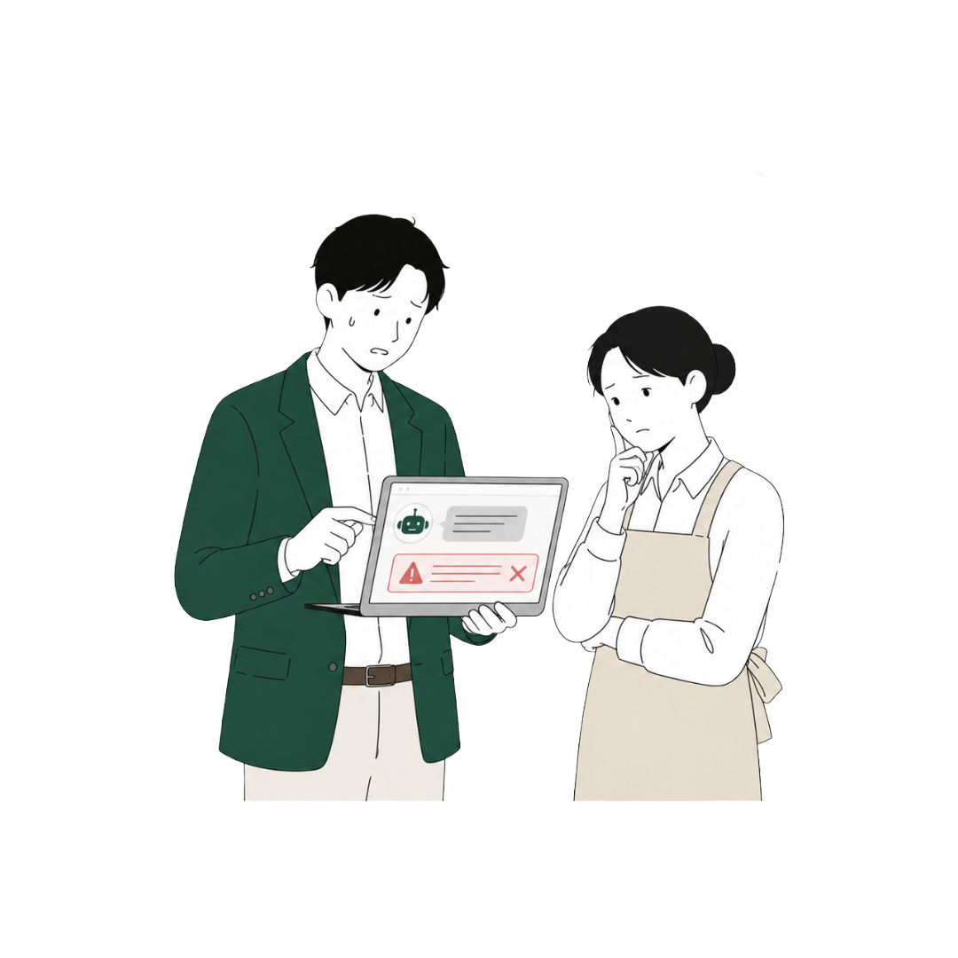 AI導入時の誤回答・ハルシネーションで困惑する宿の運営者のイラスト